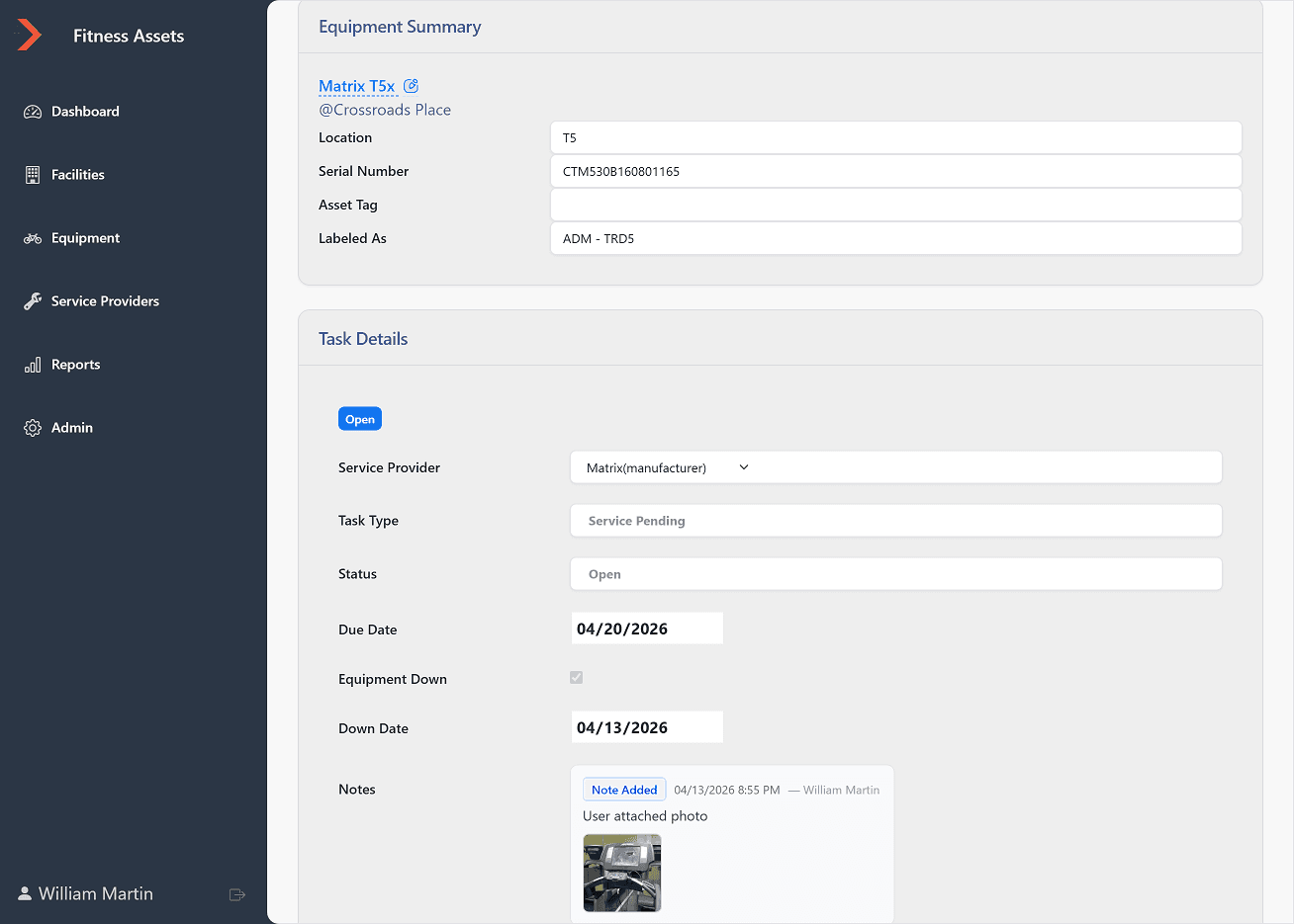 Task detail showing equipment summary, service provider, and repair documentation