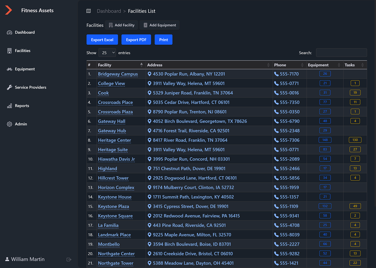 Facilities list showing all locations with equipment counts and addresses