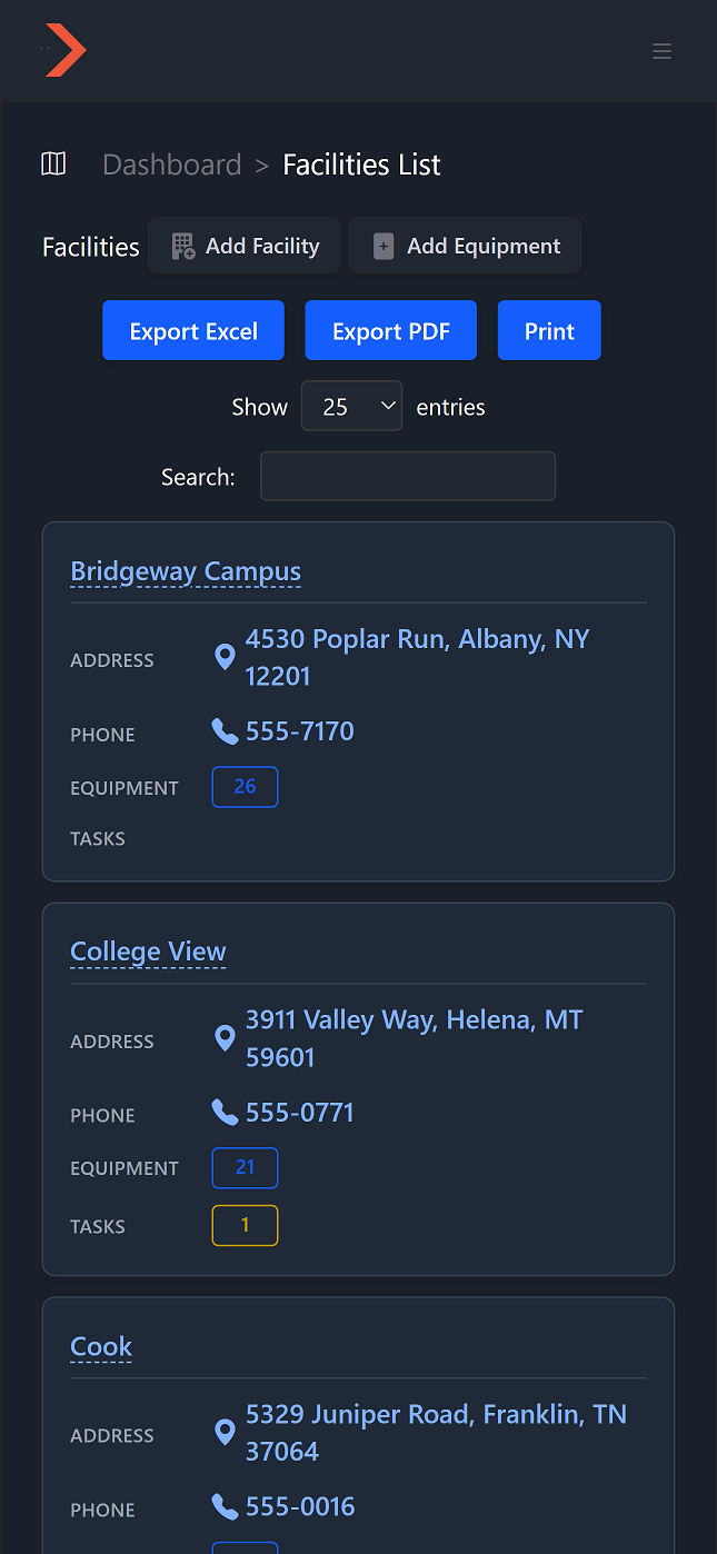 Facilities list on mobile showing facility cards with addresses and details