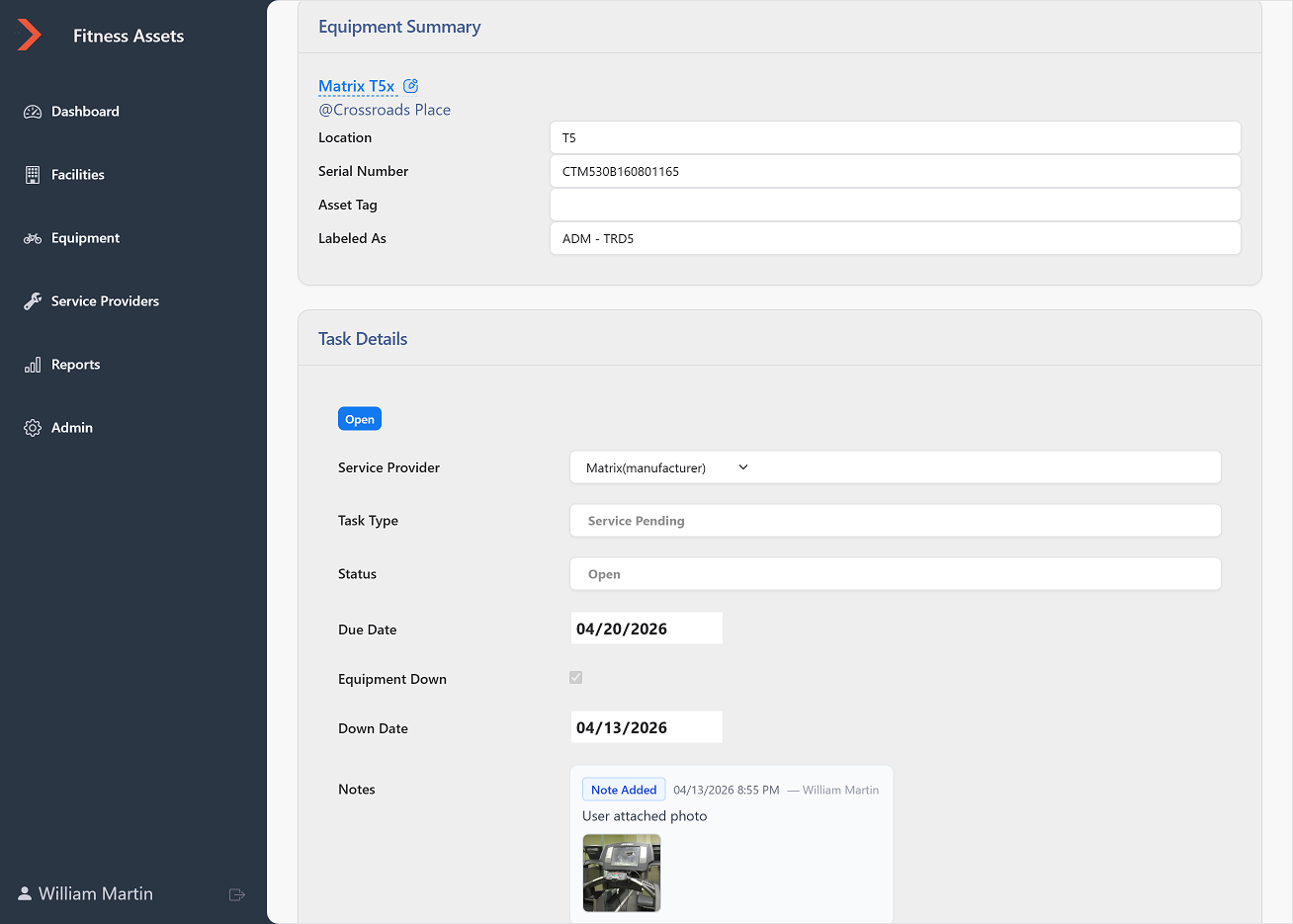 Task detail showing equipment summary, service provider, and repair documentation