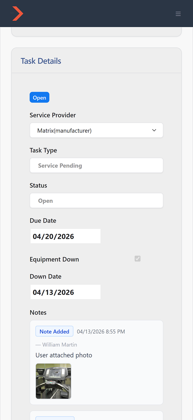 Task detail on mobile showing service provider, status fields, and photo upload